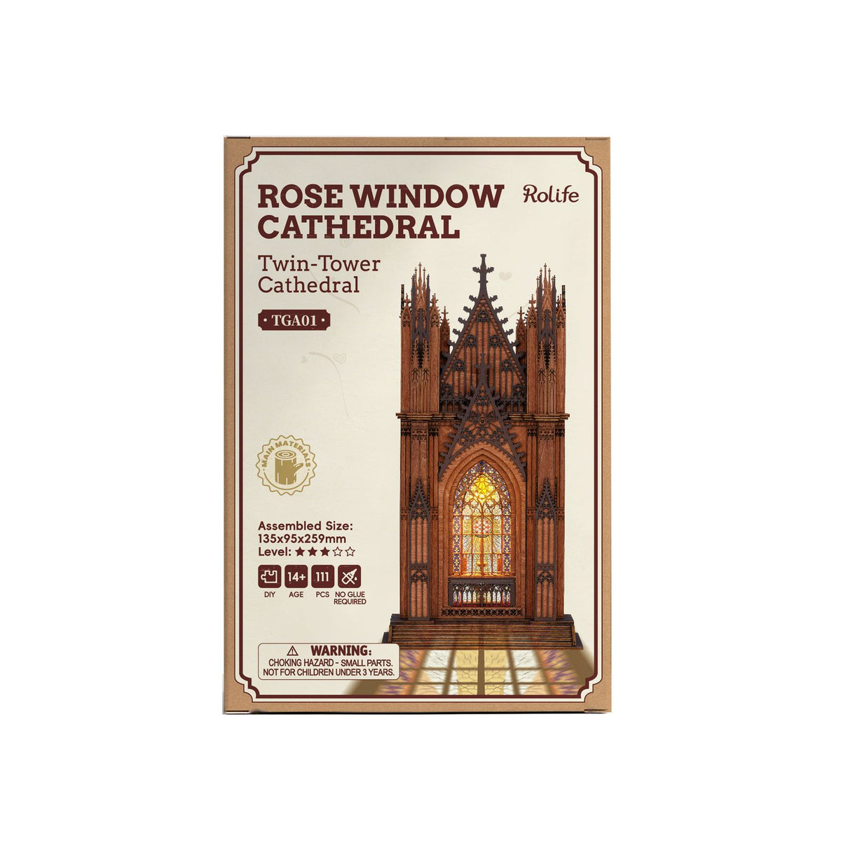 Rolife Twin Tower Cathedral: Rosettenfenster der Holz-Kathedrale mit stimmungsvoller LED-Beleuchtung