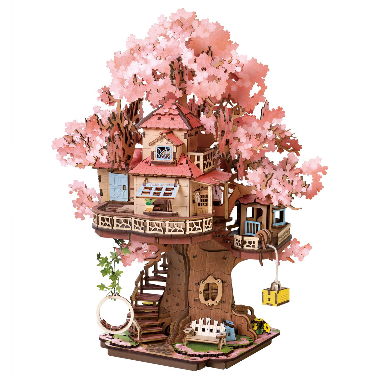 Rolife 3D Holzpuzzle Sakura Baumhaus TGS04 fertig aufgebaut unter rosa Kirschblüten
