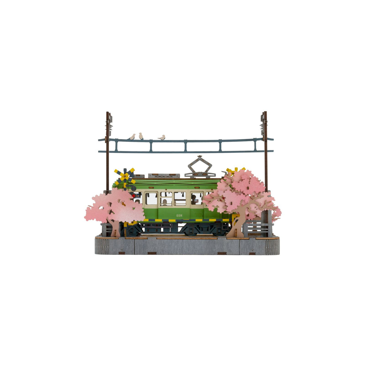 Sakura Journey Straßenbahn Holzbausatz von Rolife, fertig aufgebaut von vorn
