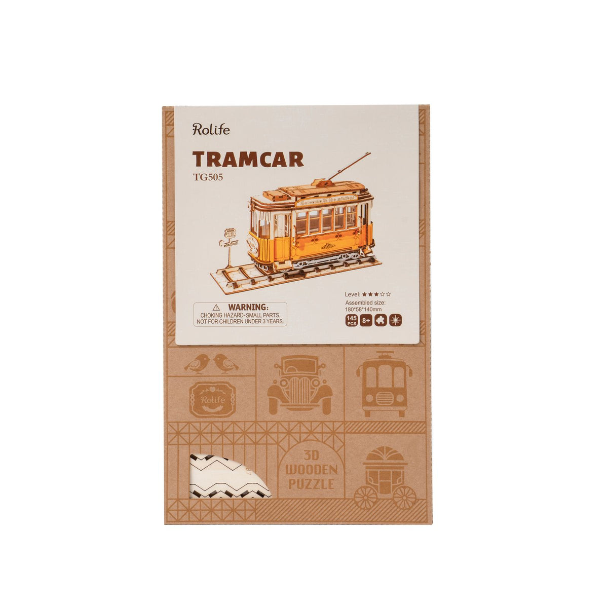 Rolife Tramcar Maße 18 × 5,8 × 14 cm – kompaktes 3D Holzpuzzle mit 145 Teilen