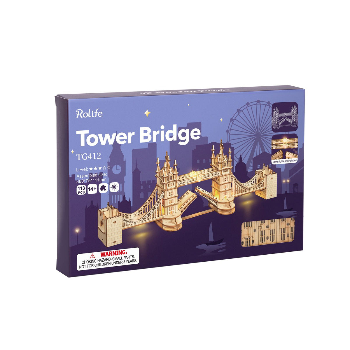 Rolife Tower Bridge TG412 – lasergeschnittene Holzteile mit nummerierten Bauteilen