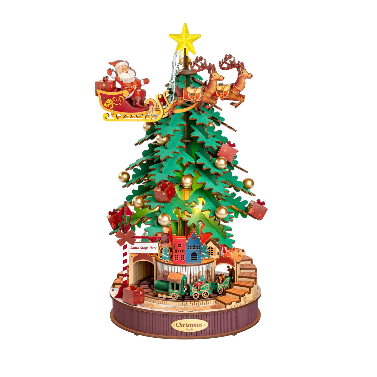 Weihnachtsmann mit Schlitten und Rentieren am Baum, Rolife Holzpuzzle
