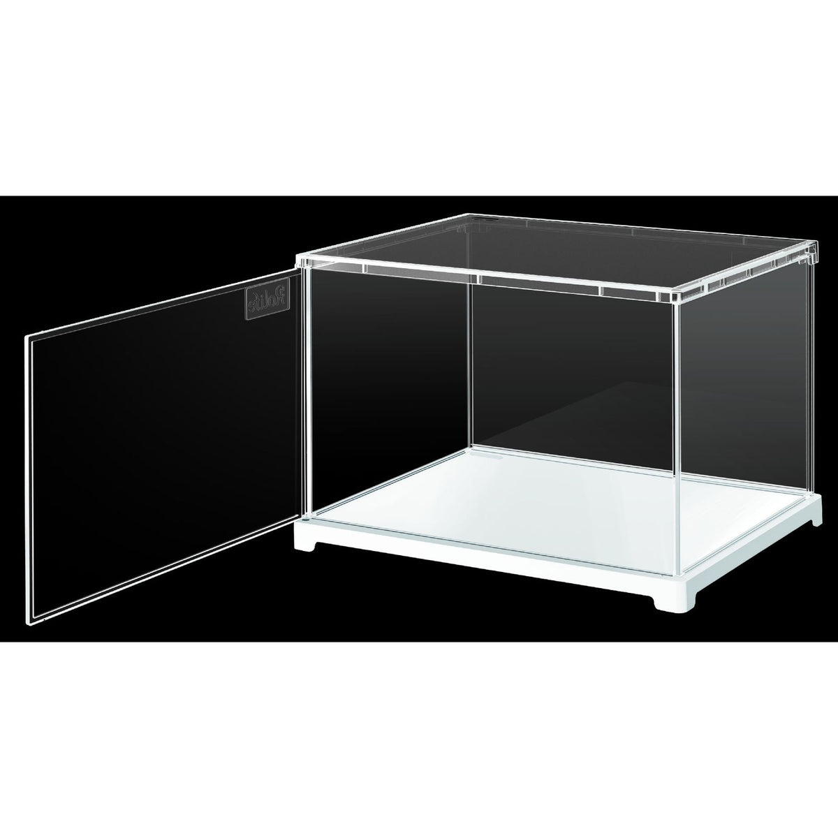 Transparente Vitrine Rolife DF04L auf dem Schreibtisch mit Miniaturmodell