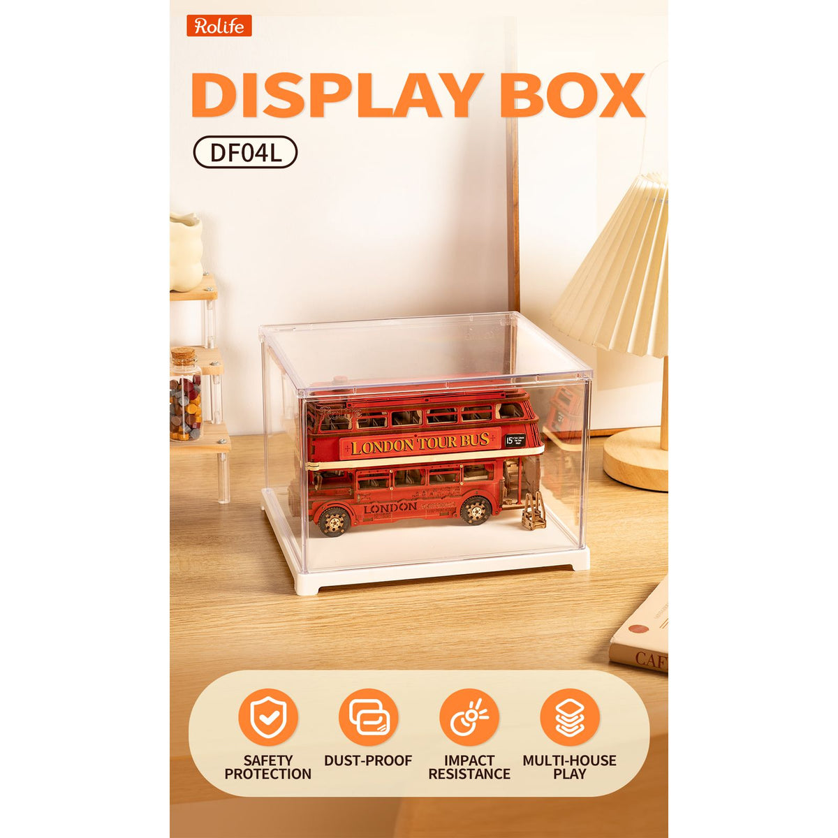 Rolife Acrylic Display Box DF04L von vorn, transparente Vitrine für gebaute Modelle