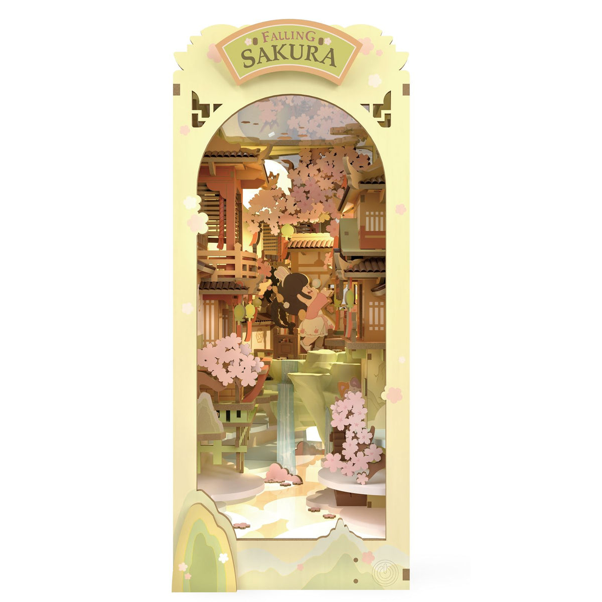 Falling Sakura Miniatur mit ostasiatischen Gebäuden und geschwungenen Dächern