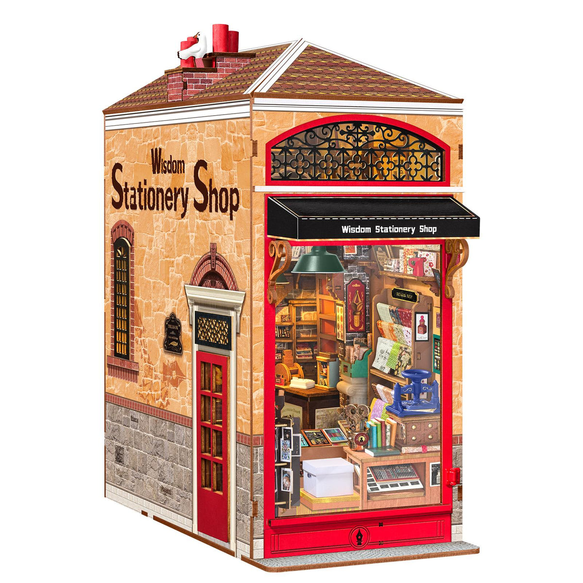 Rolife Book Nook Bausatz Wisdom Stationery Shop TGB19 als fertiger Schreibwarenladen in warmen Rottönen