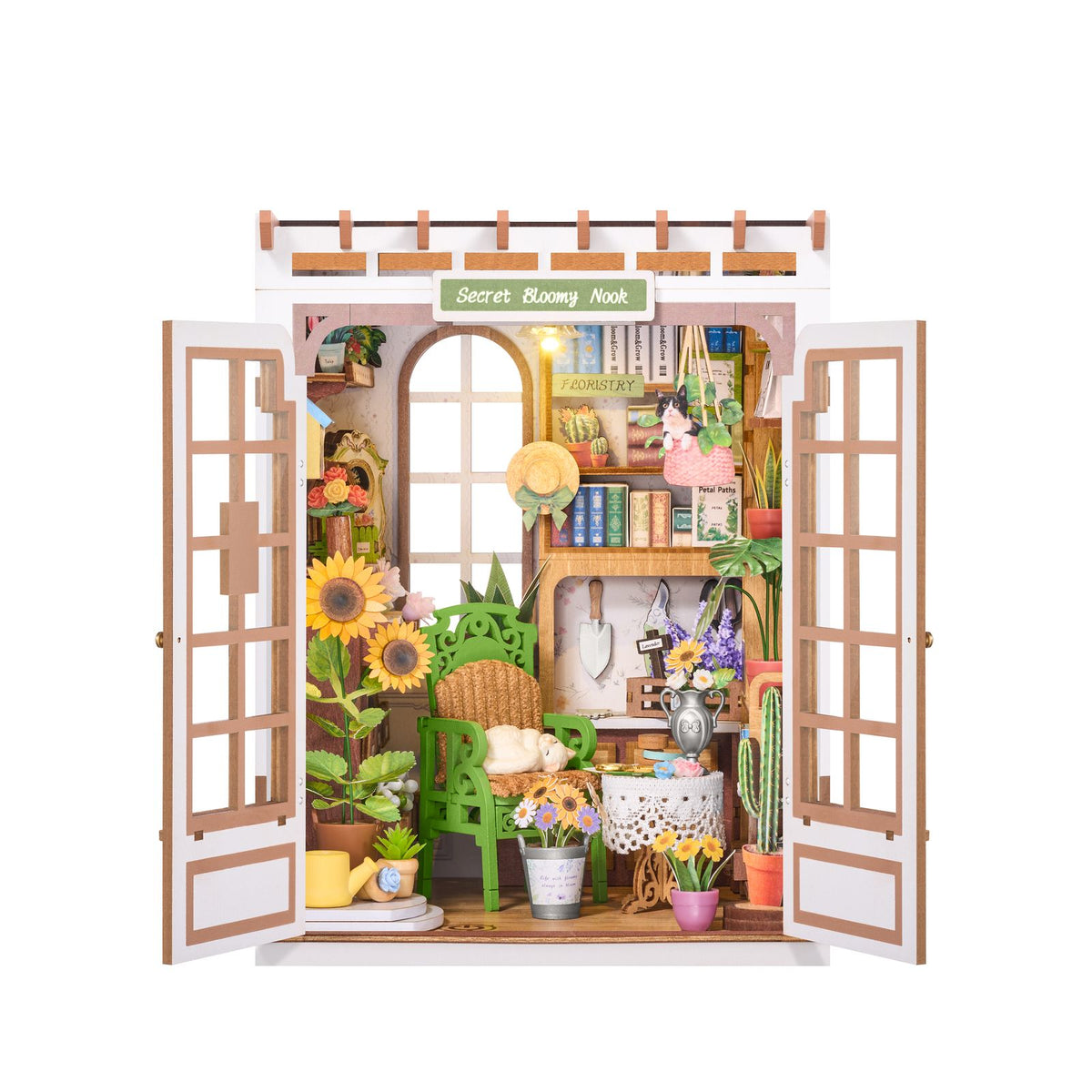 Book Nook Bausatz Secret Bloomy Nook von Rolife als fertiges Holz-Gewächshaus