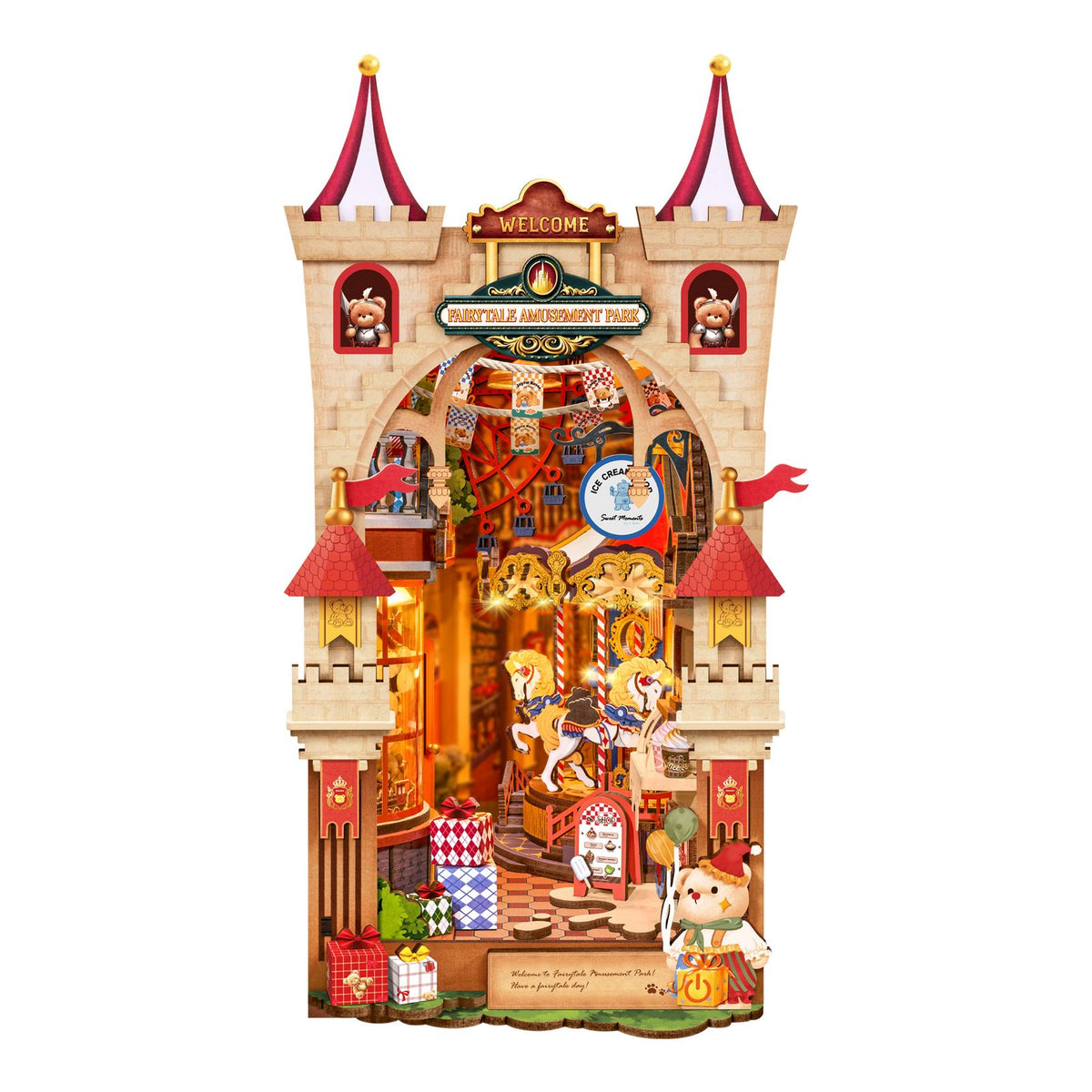 Book Nook Bausatz Fairytale Amusement Park von Rolife mit Riesenrad und Karussell im Bücherregal