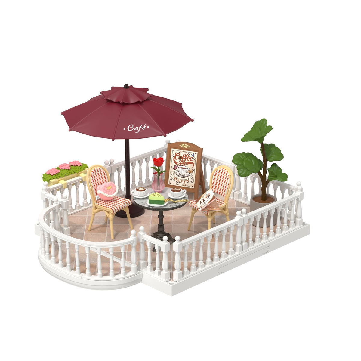 Rolife Chic Café Terrace DIY Miniaturhaus mit bordeauxrotem Sonnenschirm und Marmortisch