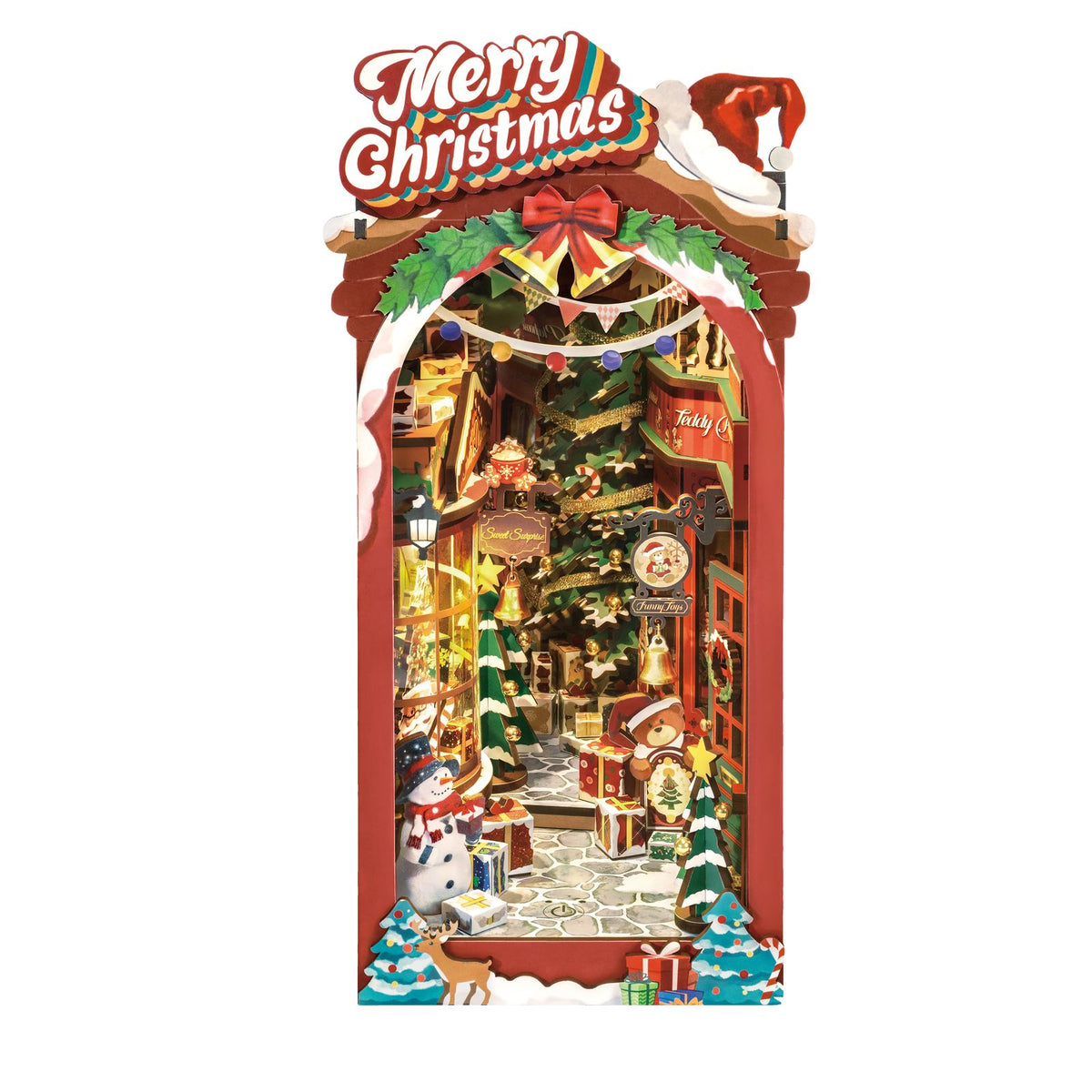 Book Nook Bausatz Weihnachten: Weihnachtsgasse mit Schaufenstern, Schnee und Weihnachtsbaum
