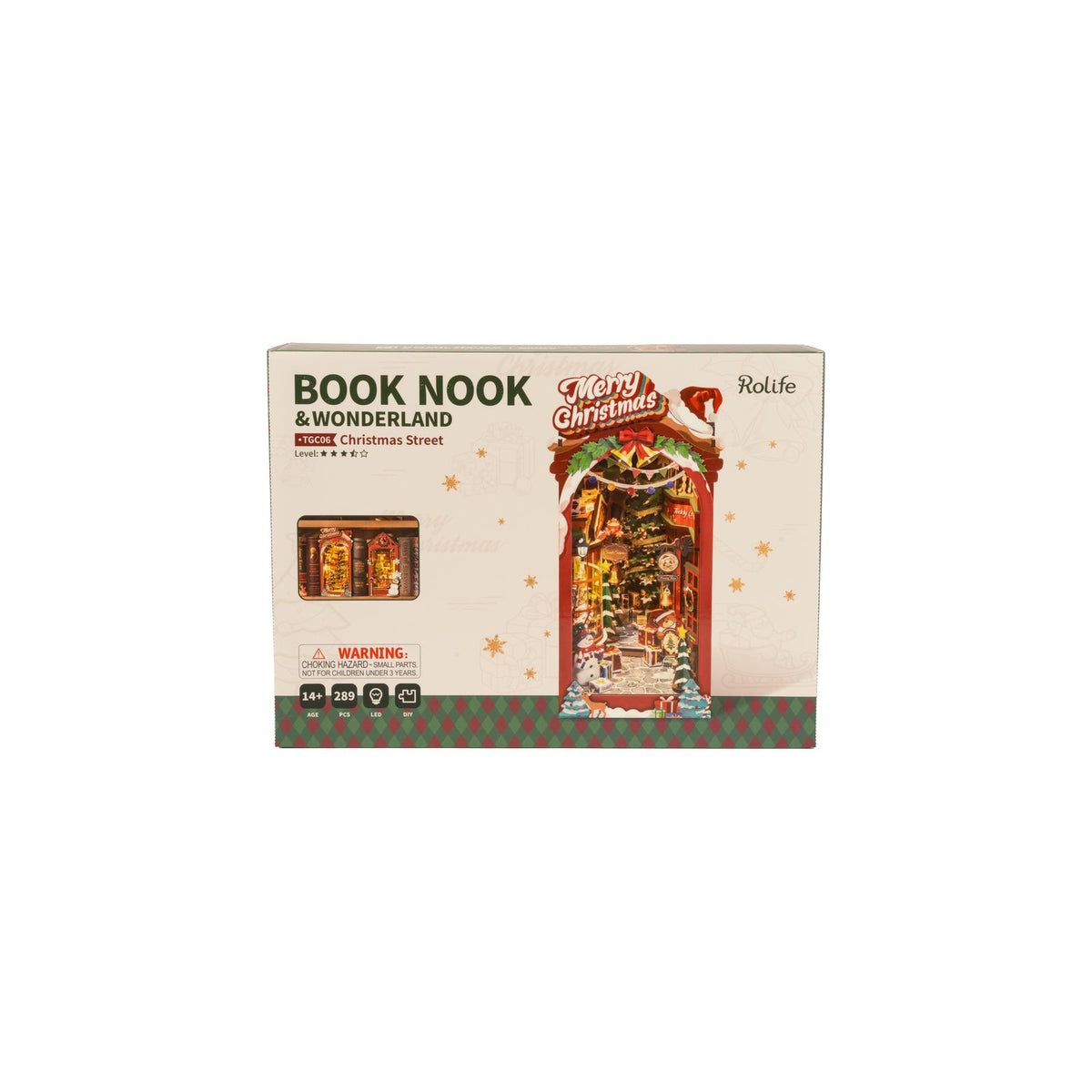 Rolife Christmas Street DIY Book Nook mit Schneemann zwischen Weihnachtsgeschenken