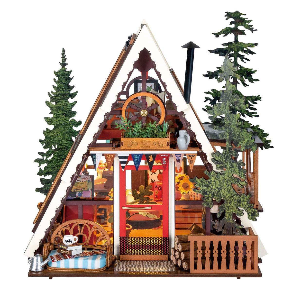 A-Frame Cabin Bausatz von Rolife – Gesamtansicht der fertigen Berghütte im Maßstab 1:18