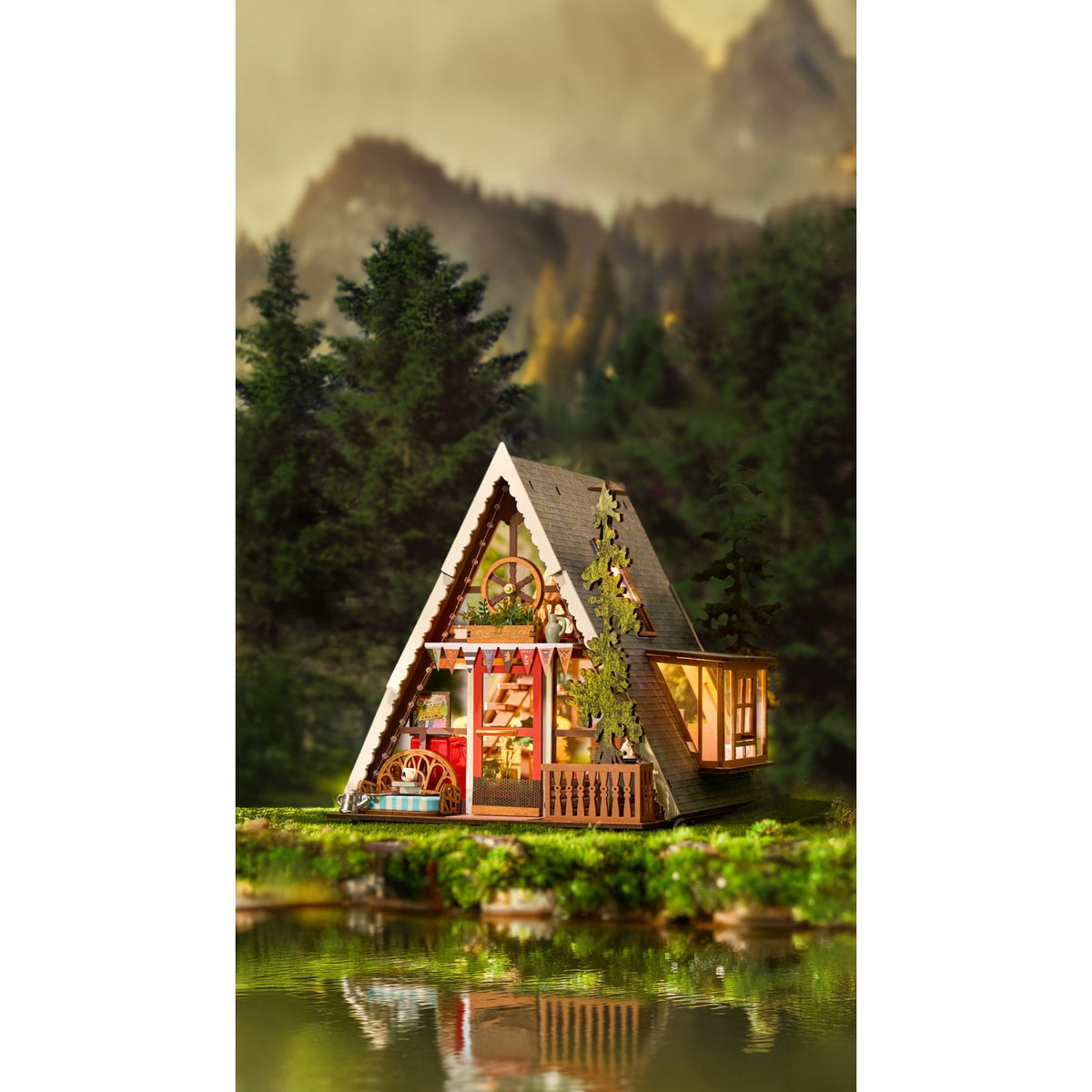 Rolife A-Frame Cabin – kleine Holzstühle und Holzvertäfelung im Detail