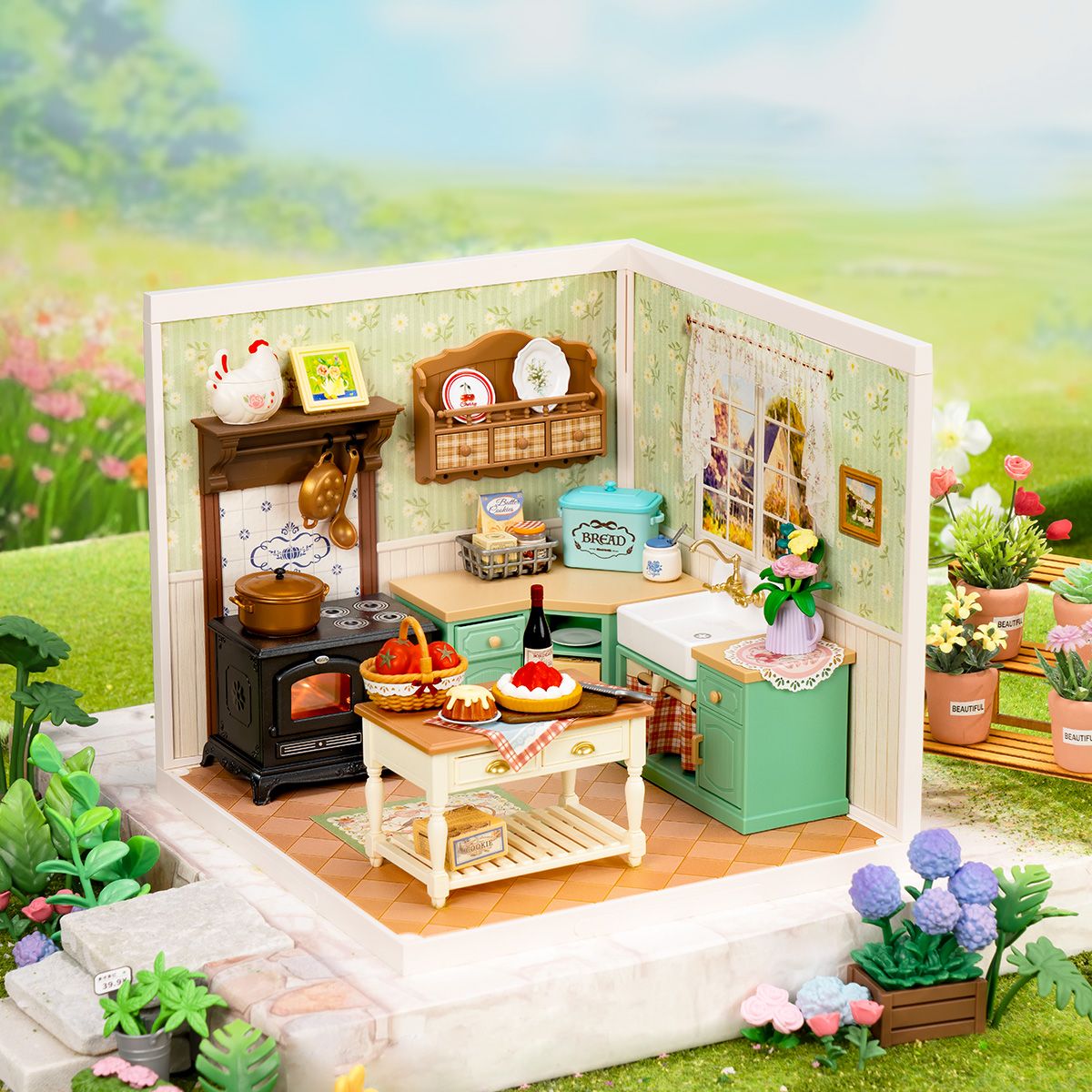 Rolife Farmhouse Kitchen Miniaturküche Bausatz mit AGA-Herd, Fliesenrückwand und Wandregal