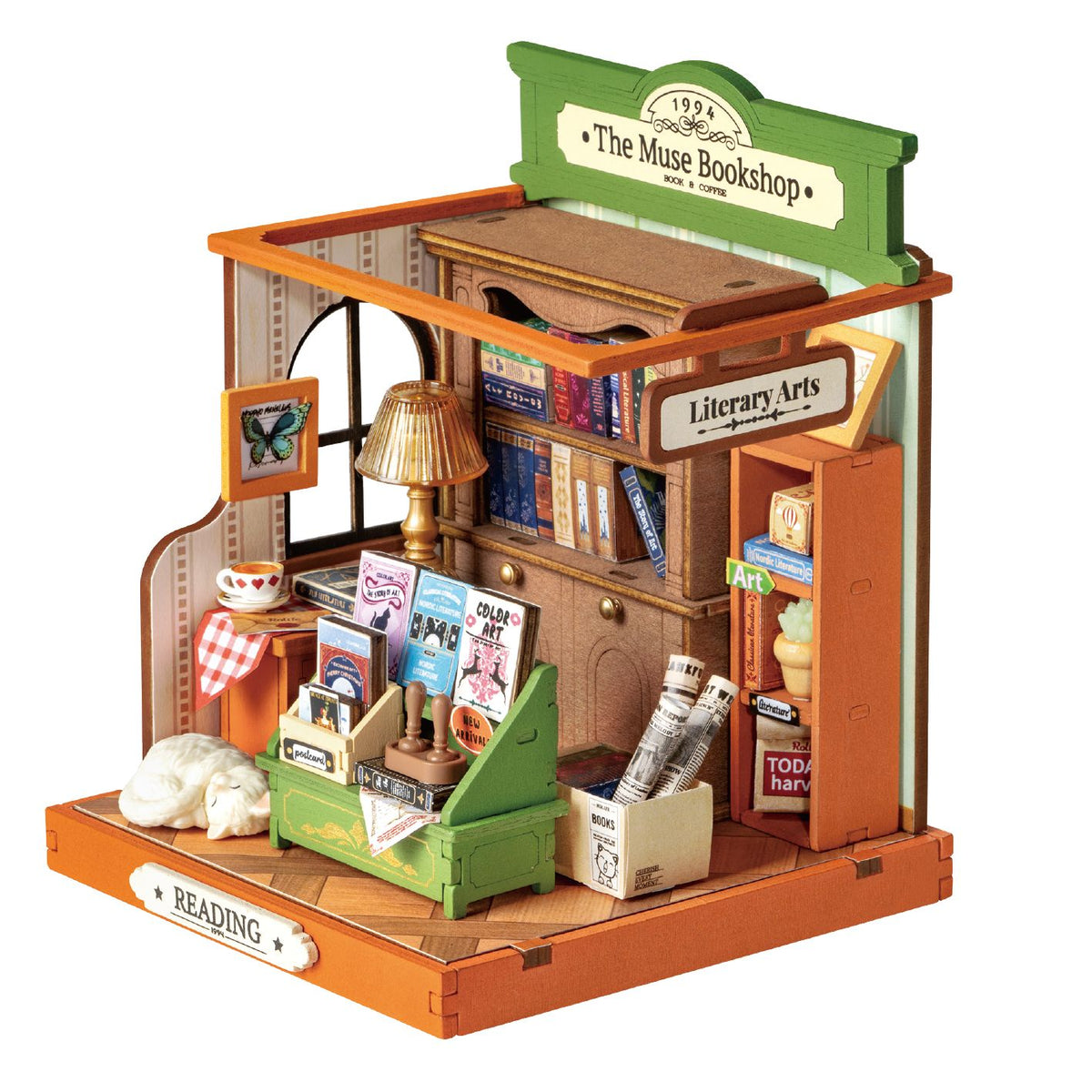 The Muse Bookshop Miniaturhaus mit Fassade und Schriftzug Book a Coffee