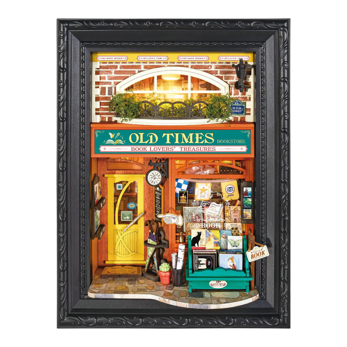 Old Times Bookstore Miniaturhaus Bausatz mit vintage-gelber Tür von Rolife