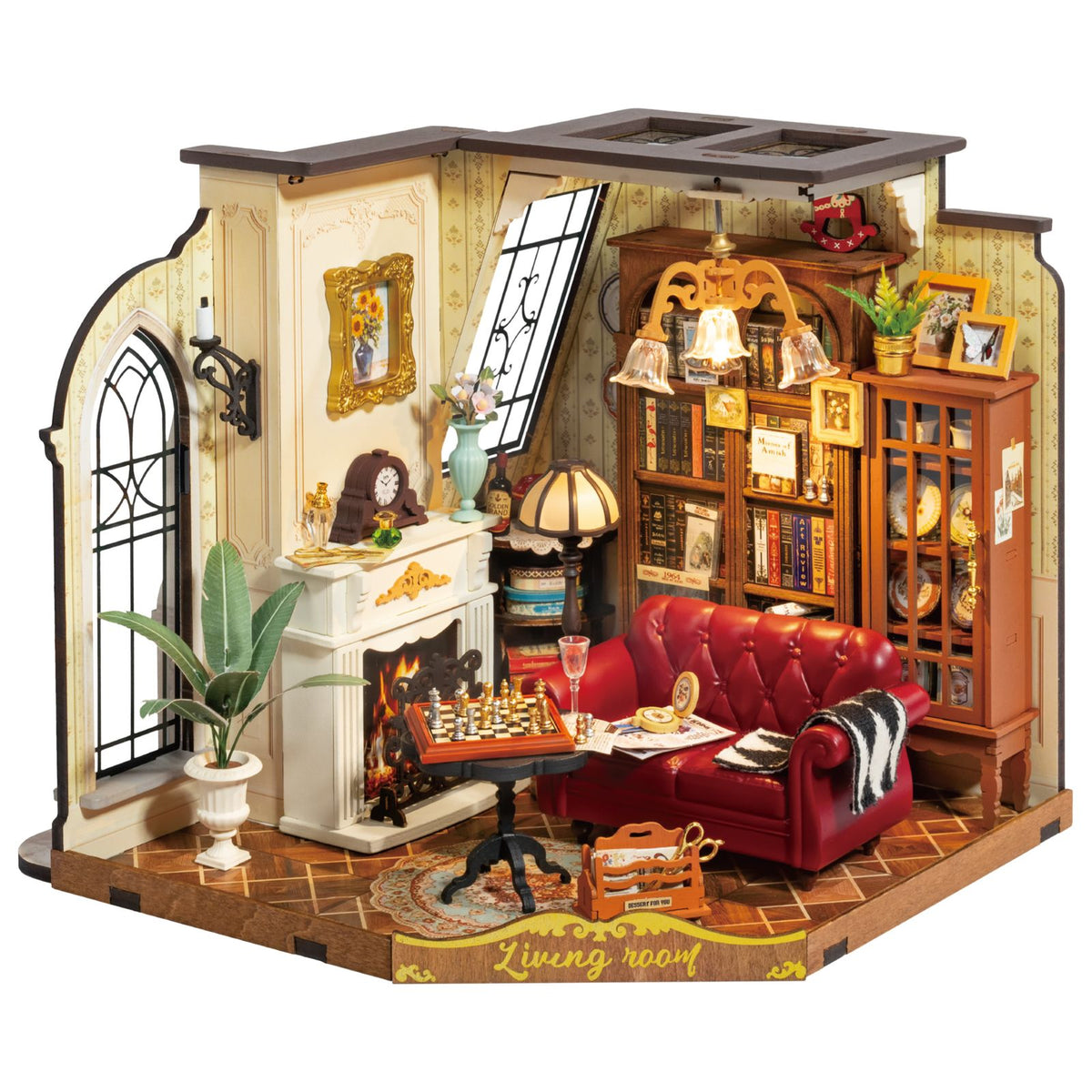 Miniatur Wohnzimmer Catherine's Living Room mit Kamin und Kronleuchter im Maßstab 1:18