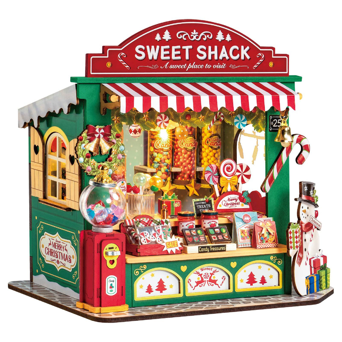 Christmas Candy Stand Holz-Bausatz Weihnachten: Süßwarenladen mit rot-gestreiftem Vordach