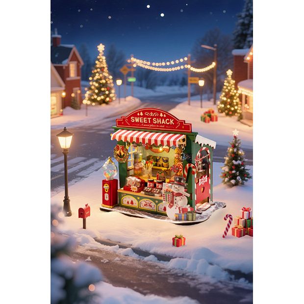 Schneemann mit Geschenken und Geschenkboxen vor dem Rolife Süßwarenladen