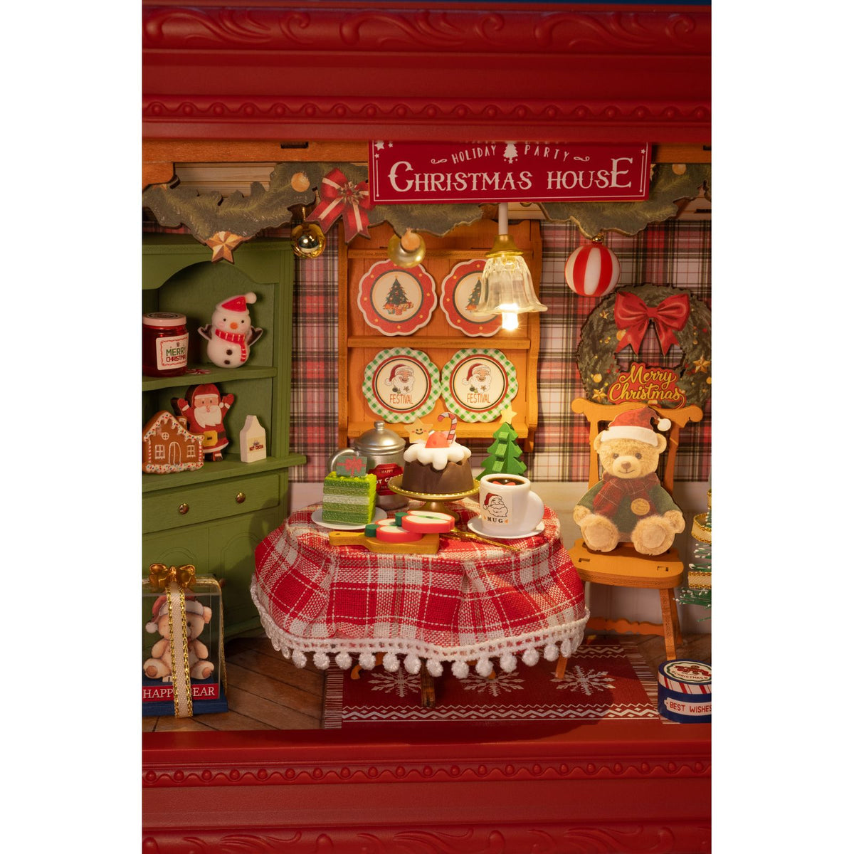 Rolife DIY Miniaturhaus Christmas Eve Party DP005 als fertiges 3D-Bild im roten Rahmen