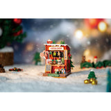 Rolife Cocoa Shop Miniaturhaus Weihnachten – Frontansicht mit Bechern und Weihnachtsbäumen