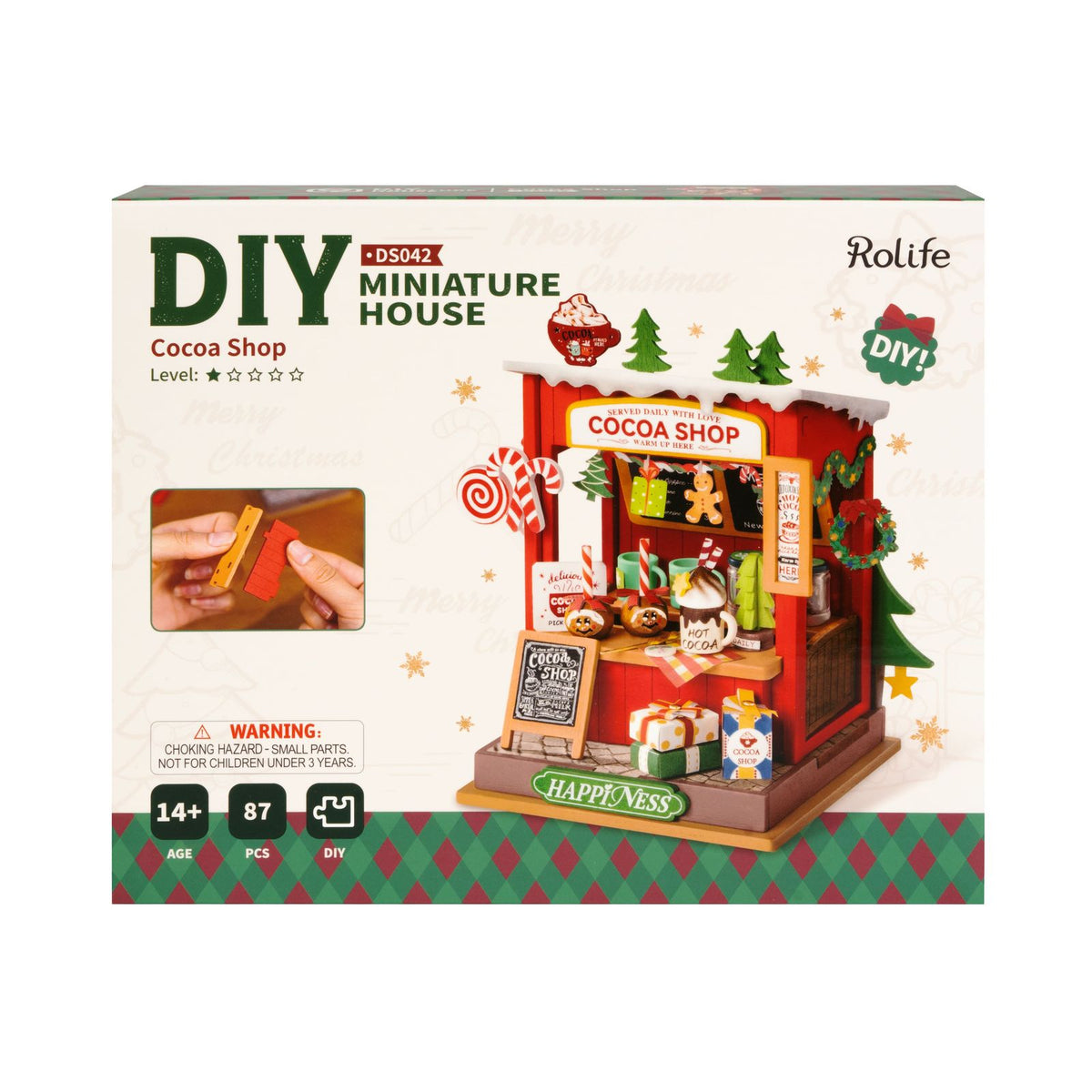Weihnachtsmarkt Miniatur Bausatz – Rolife Cocoa Shop als Deko auf dem Regal