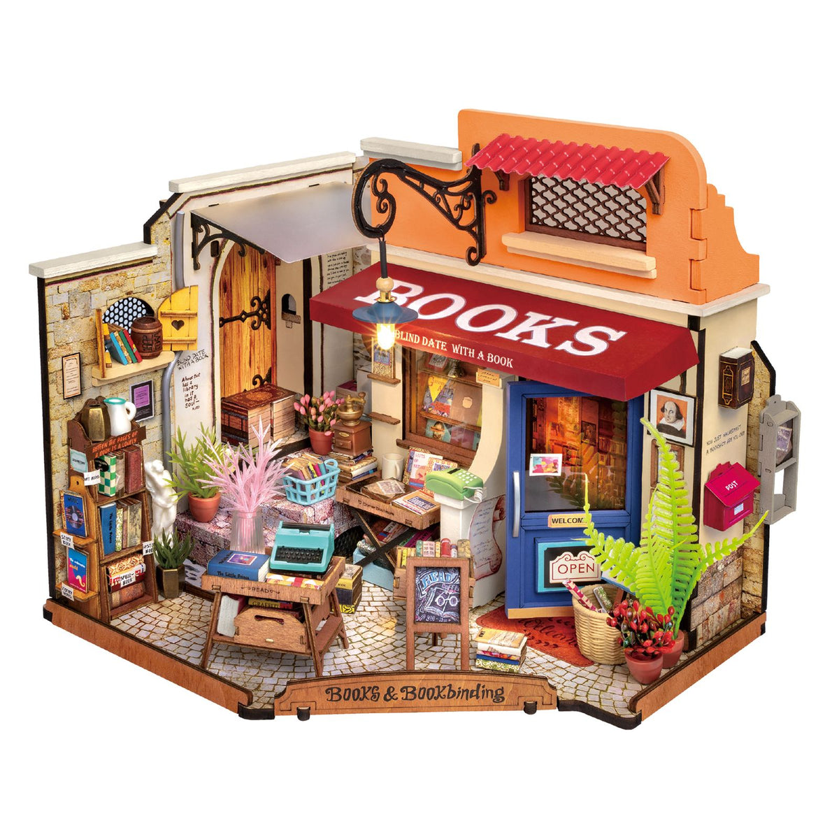 Rolife Corner Bookstore DG164 Miniatur-Buchhandlung mit LED-Beleuchtung im Vintage-Stil