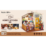 Rolife Cozy Kitchen DG159 fertig aufgebaut mit rotem Ofen und Zweiflammen-Gasherd
