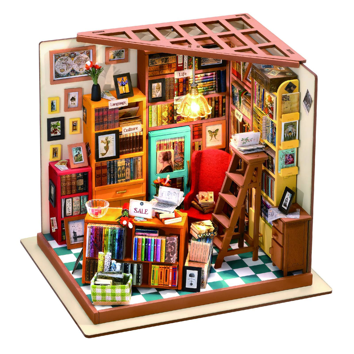 Rolife Sam's Study DG102 Buchladen mit roter Sessel und Bibliothekstreppe