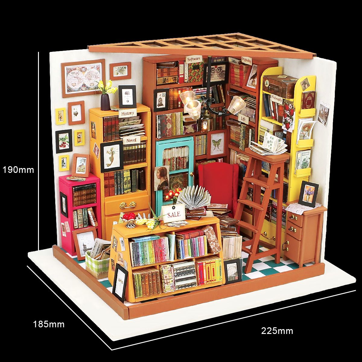 Bücher mit bedruckten Buchrücken im Rolife Modellbausatz Buchladen