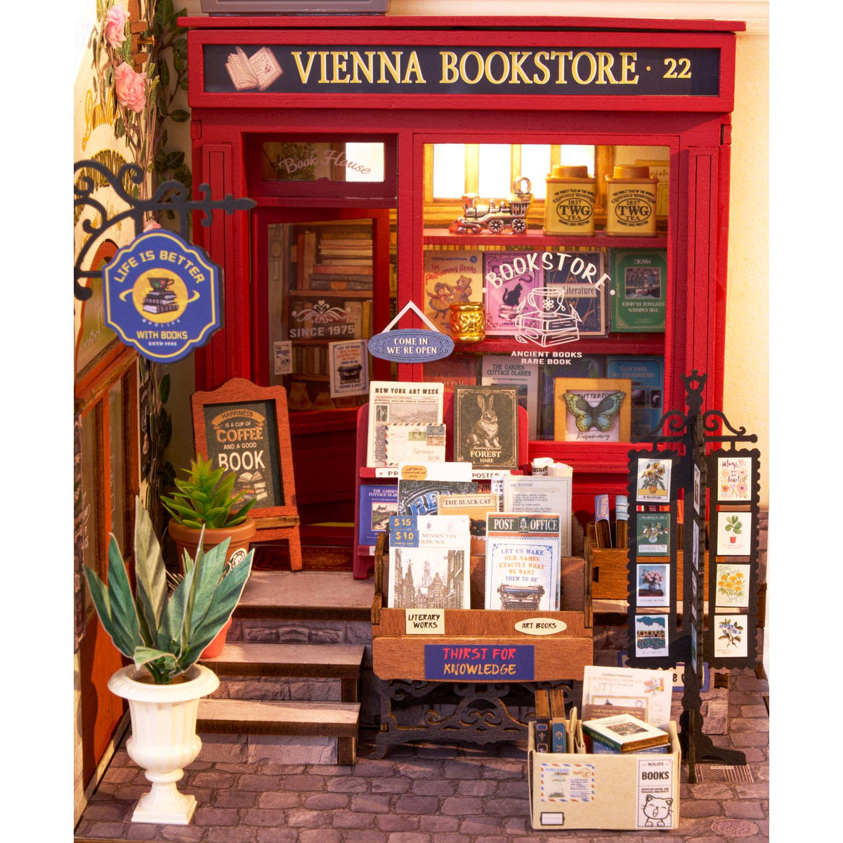 Rolife Aromatic Coffee Cart kombiniert mit dem Vienna Bookstore als Miniaturplatz