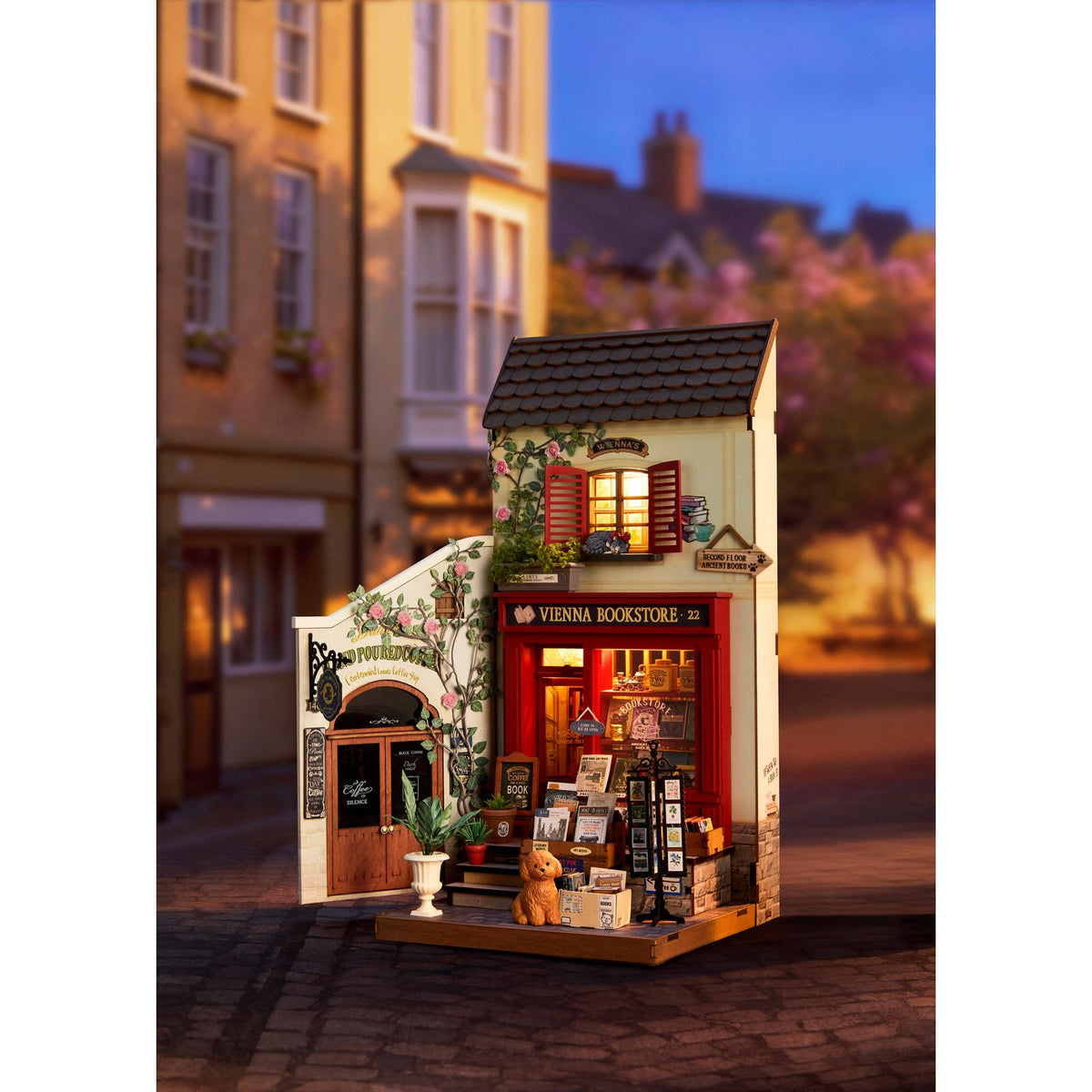 Rolife DG182 Kaffeewagen Miniatur mit Kaffeemaschine und Körbchen voller Kaffeetüten