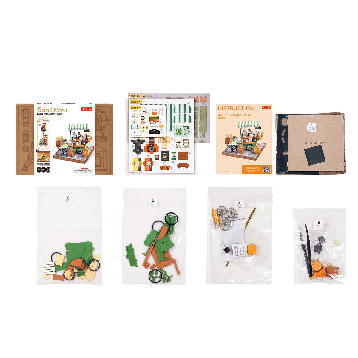 Snap-Fit-Teile, Papierformen und Sticker des Rolife Kaffeewagen Bausatzes DG182