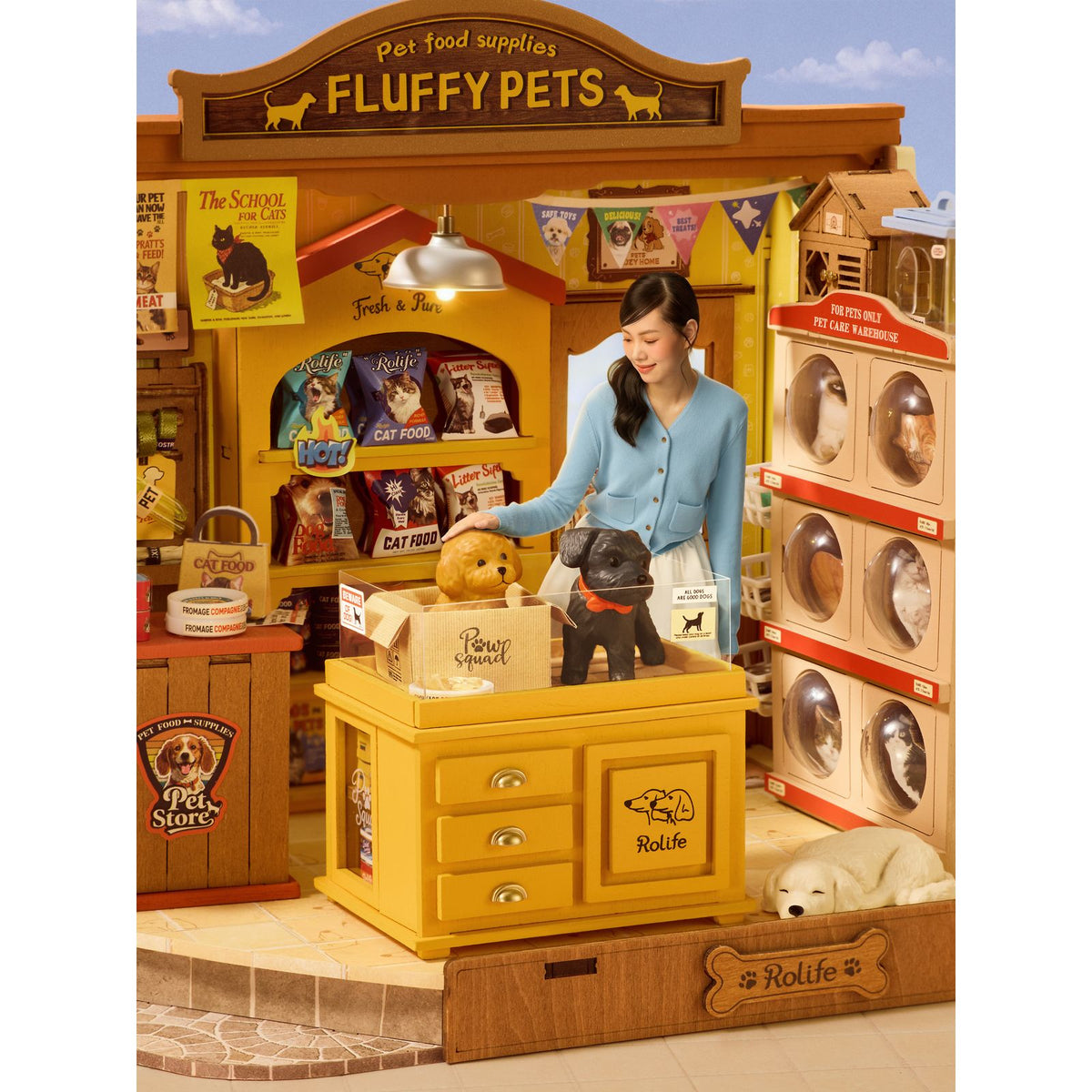Rolife Miniaturhaus DG185 Gesamtansicht des Tierladens mit LED-Licht