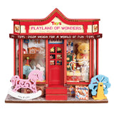 Whimsy Toy Shop Miniaturhaus mit roter Fassade und Spitzdach in der Frontansicht