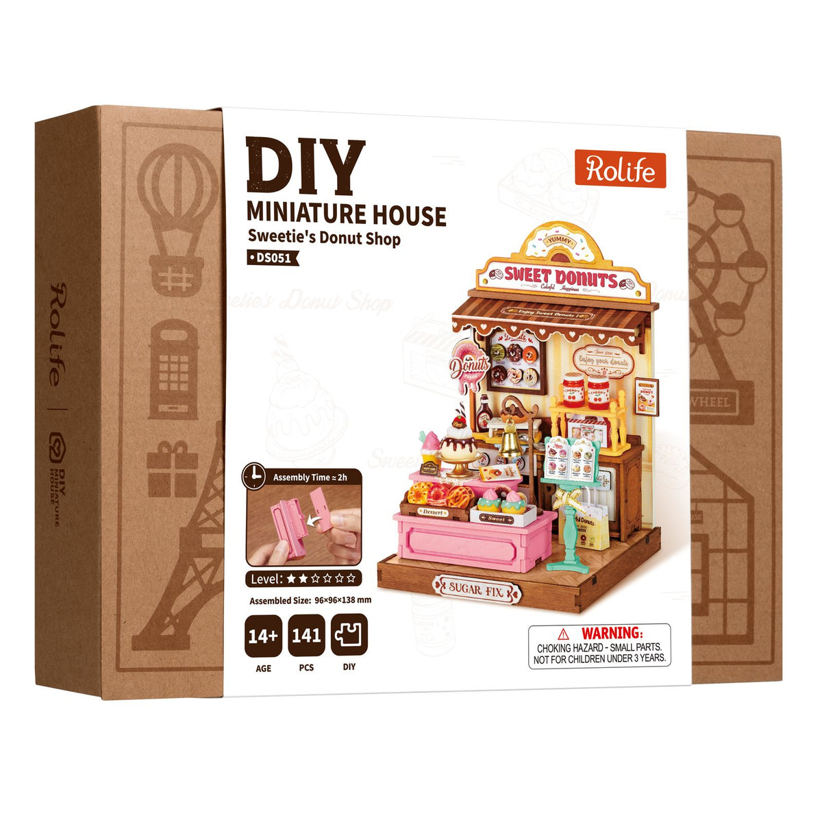 Miniaturhaus Geschenk: Rolife Sweetie’s Donut Shop mit Maßen 9,6 × 9,6 × 13,8 cm