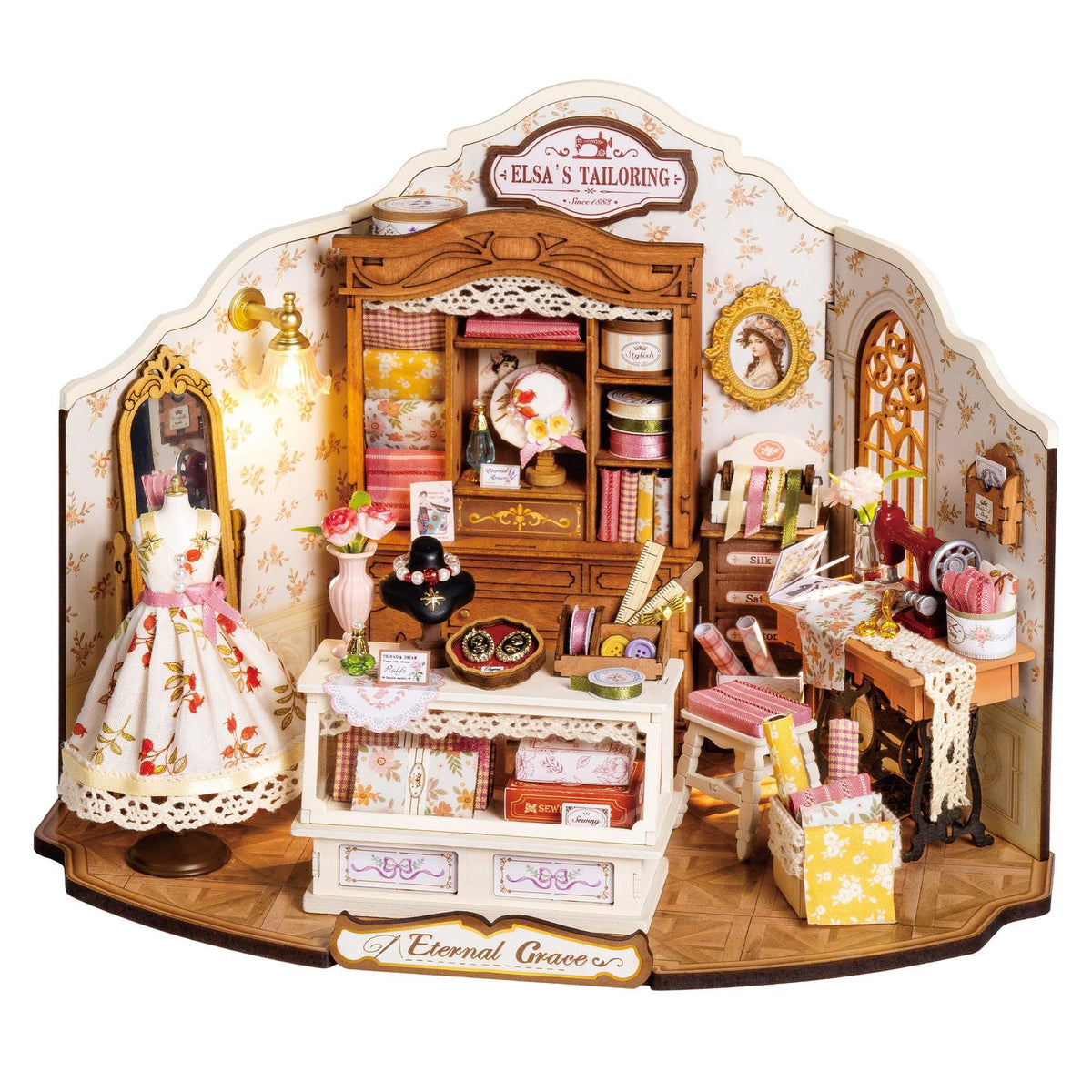 Rolife Elsa's Tailoring Miniaturhaus fertig aufgebaut mit LED-Beleuchtung