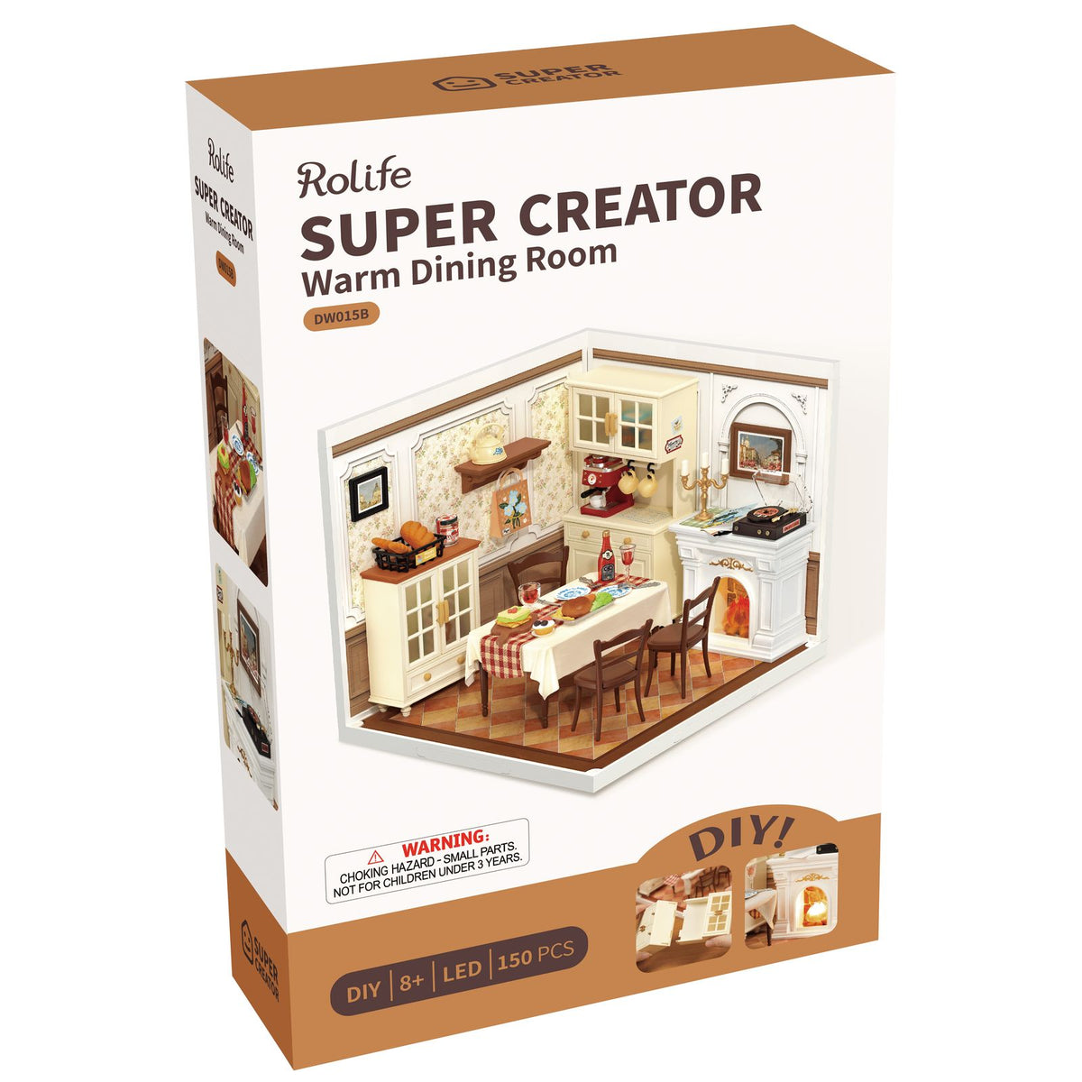 Miniatur-Esszimmer Warm Dining Room mit leuchtendem LED-Kamin und Vintage-Möbeln