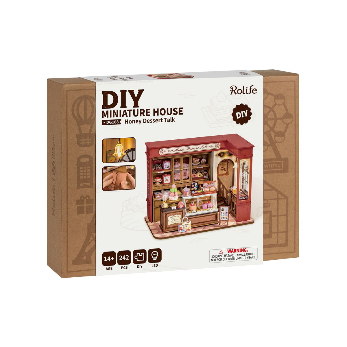 Bedruckte Fenster und Vintage-Details am Rolife Miniaturhaus Honey Dessert Talk