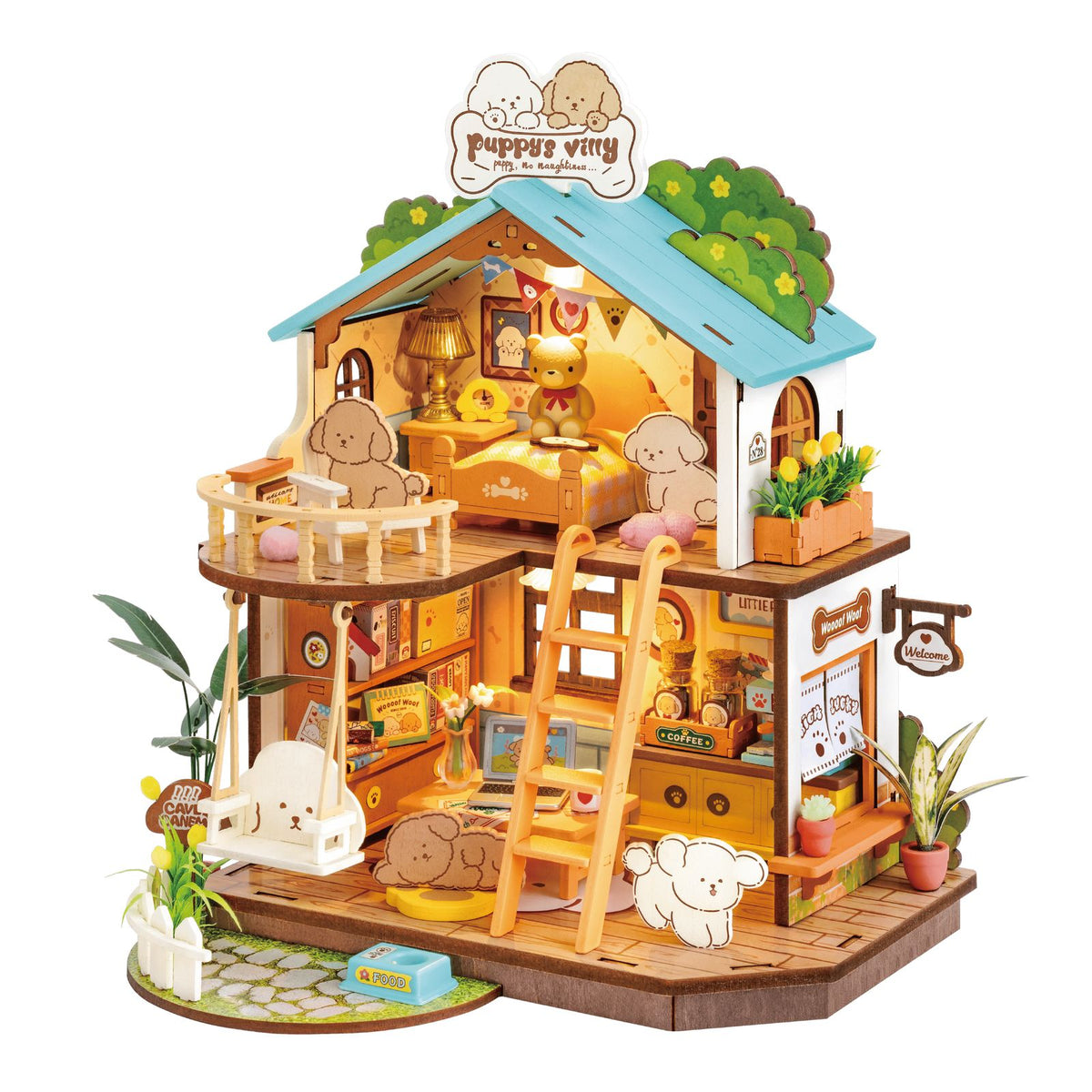 Rolife DIY Miniaturhaus Hundevilla Puppy's Cozy Villa DG169 fertig aufgebaut mit LED-Beleuchtung