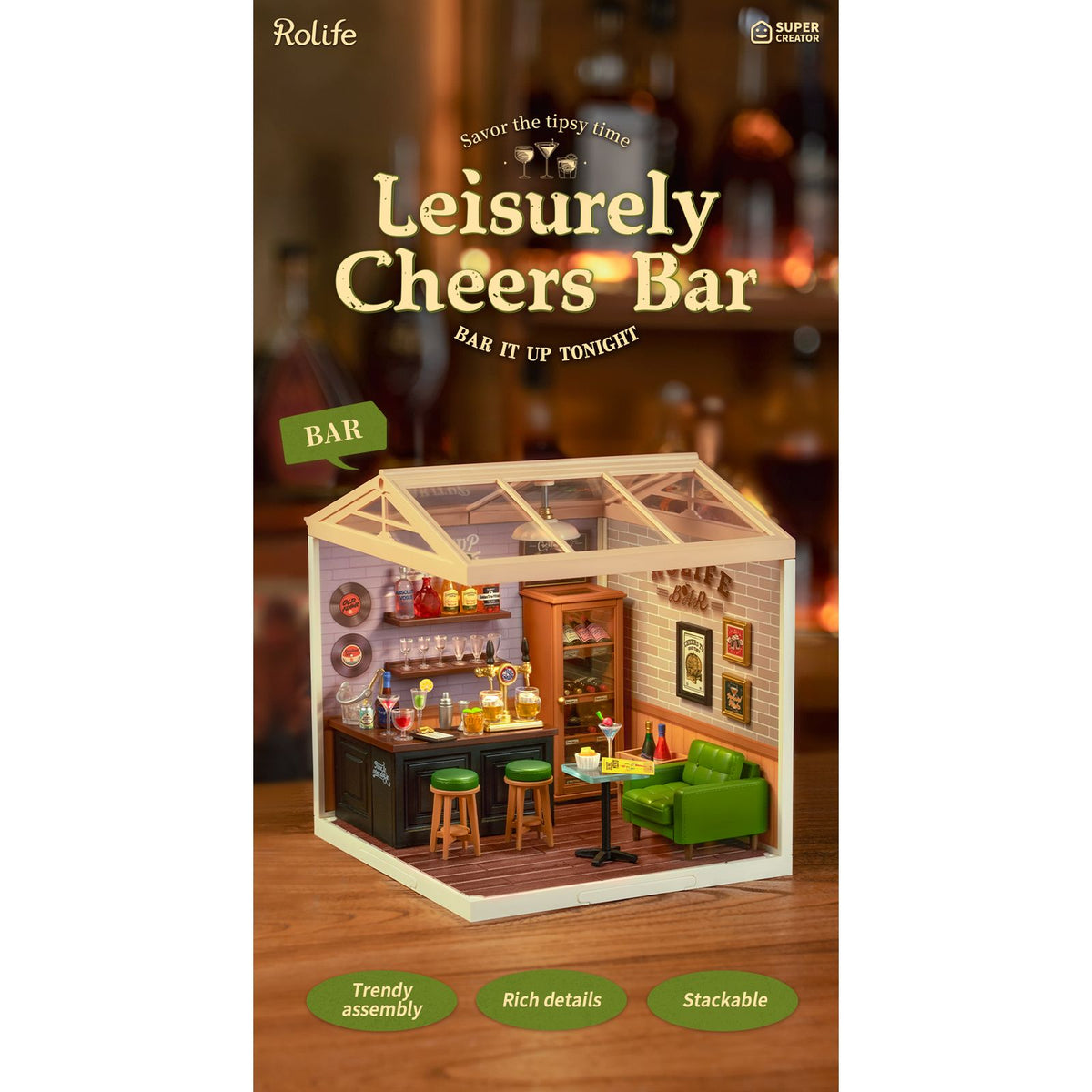 Miniatur Bar Bausatz DW012 mit grünen Barhockern und Lounge-Stuhl