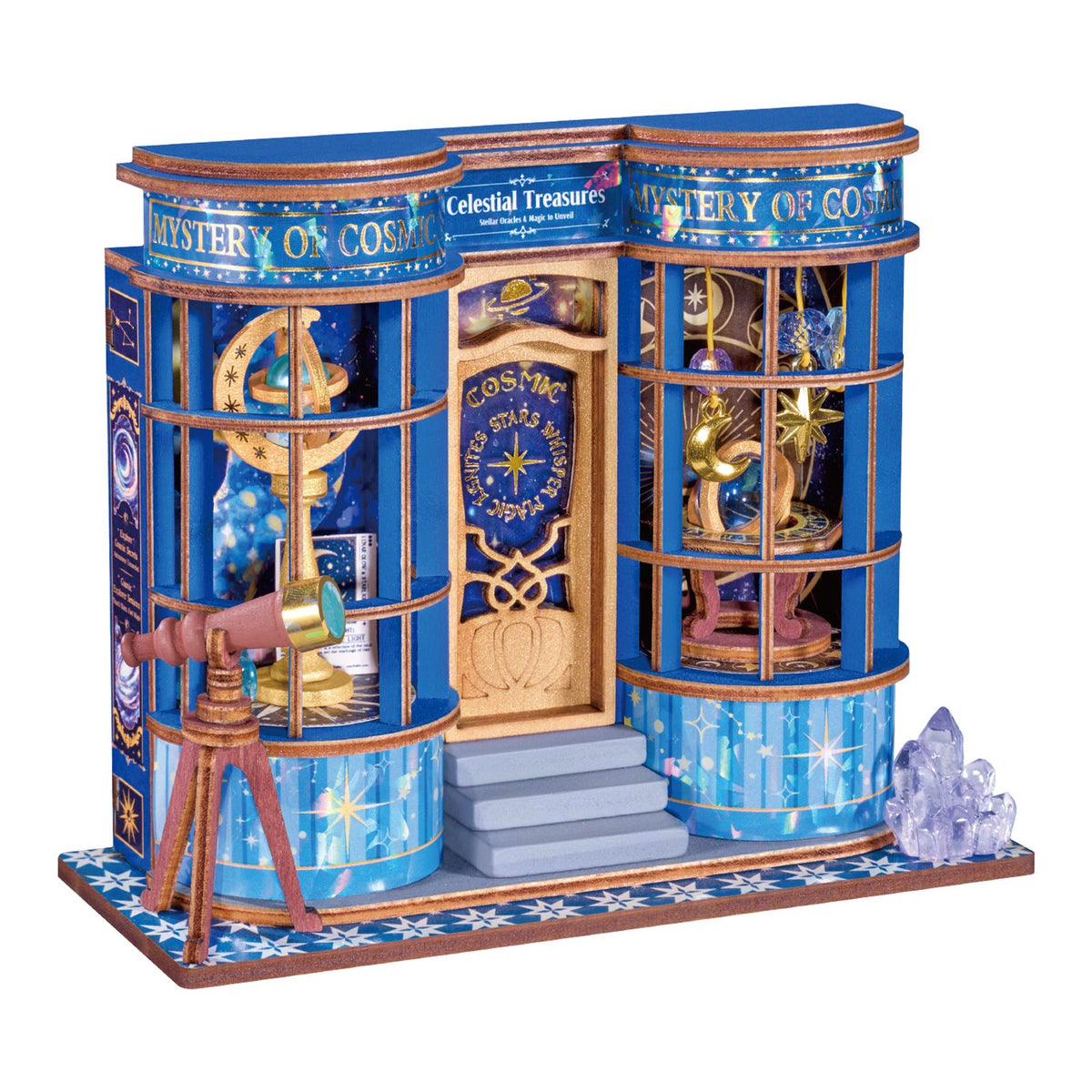 Sternenladen Miniatur aus Holz: runde Schaufenster mit Globen, Mond und Sternen