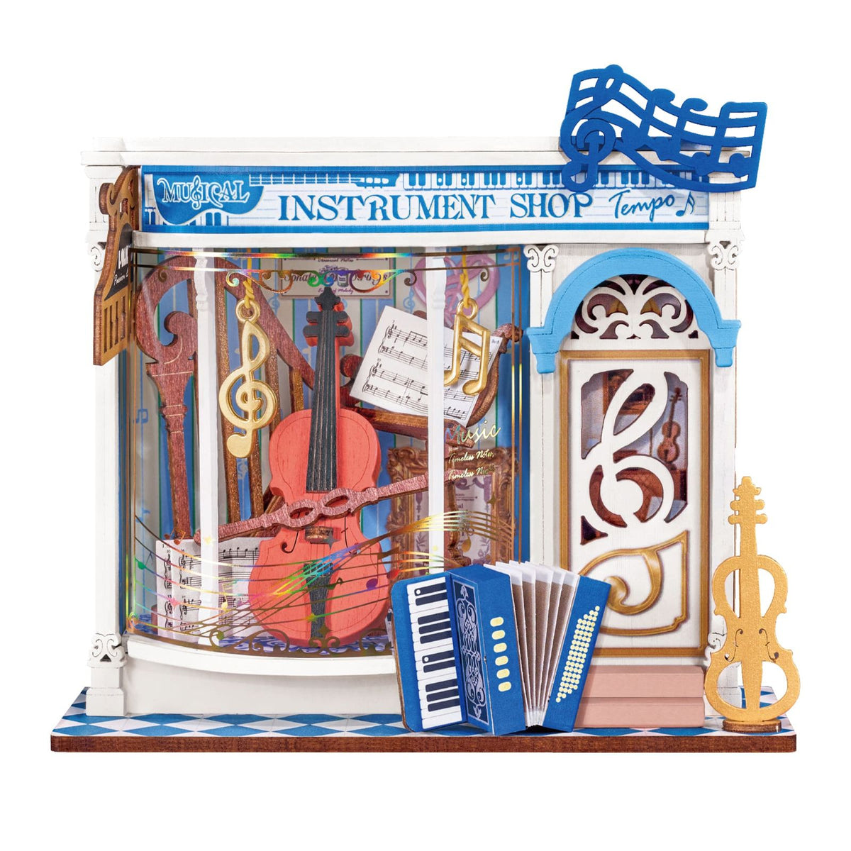 Miniatur Musikladen mit Geige, Akkordeon und blau-weiß kariertem Bürgersteig – Rolife DS047