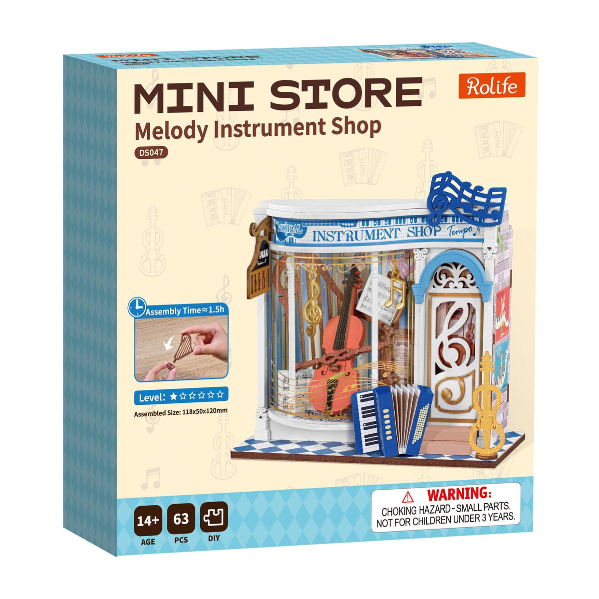 Großer G-Schlüssel und goldene Noten-Girlande am Rolife Mini Store Melody Instrument Shop