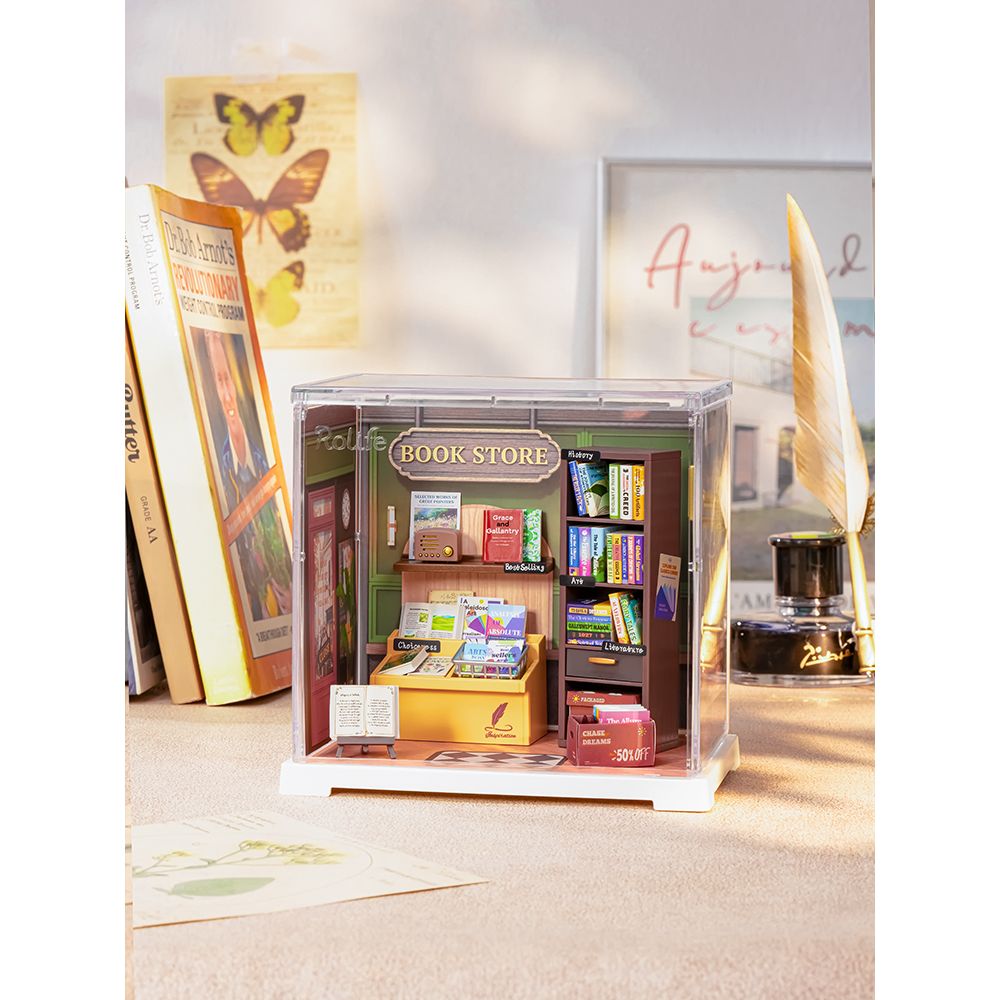 Rolife Memory Book Store Miniatur-Buchhandlung mit grünen Wänden von vorn