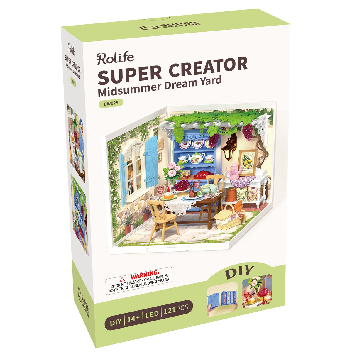 Miniaturhaus Bausatz Midsummer Dream Yard: Schrank mit Kirschgeschirr, Kaffeekanne und Retro-Lampe