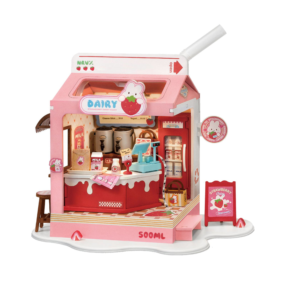 Rolife DIY Miniaturhaus Strawberry Milkbox DS034 – rosa Milchladen in Form einer Milchtüte