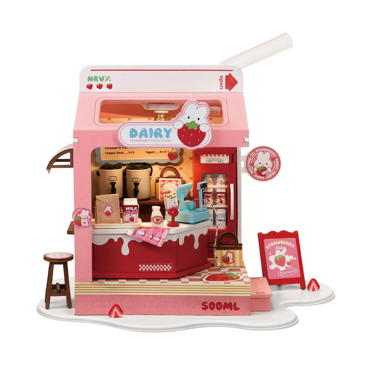 Rolife Strawberry Milk Box Miniaturhaus Milchladen mit Strohhalm von vorn