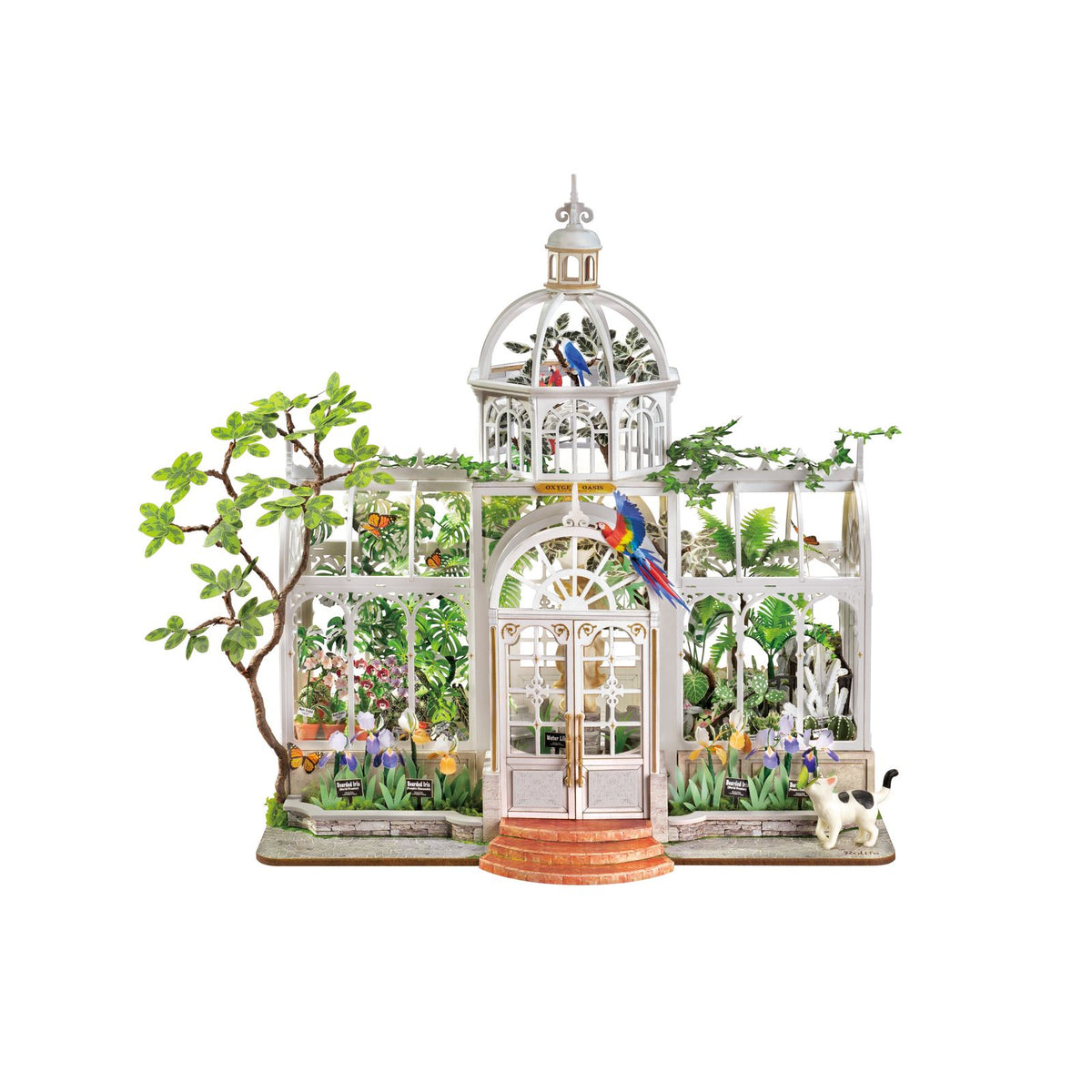 Miniaturhaus Wintergarten Oxygen Oasis mit LED-Beleuchtung am Abend
