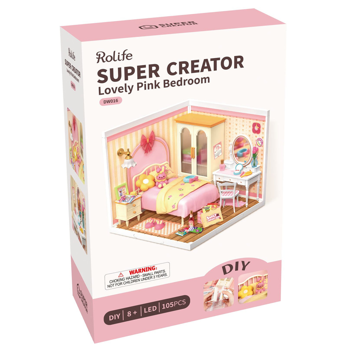 Miniaturhaus Schlafzimmer von Rolife: Bett mit Blumenkissen, Kuschelkaninchen und Schminktisch